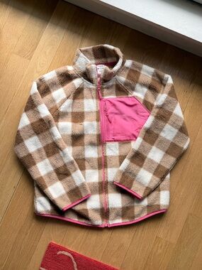 J. Crew Brown and White Buffalo Check Fleece with Pink Trim